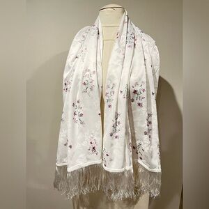 Handcrafted Floral Satin Creme & Pink w/Creme Fringe Scarf
